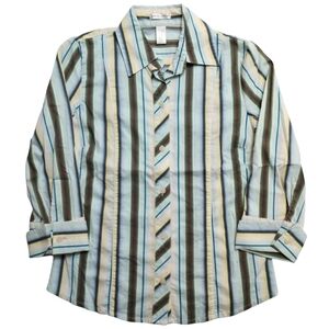 Old Navy Stretch Women's Blue/Brown Stripe 3/4 Sleeve Button Up Shirt XS X-Small